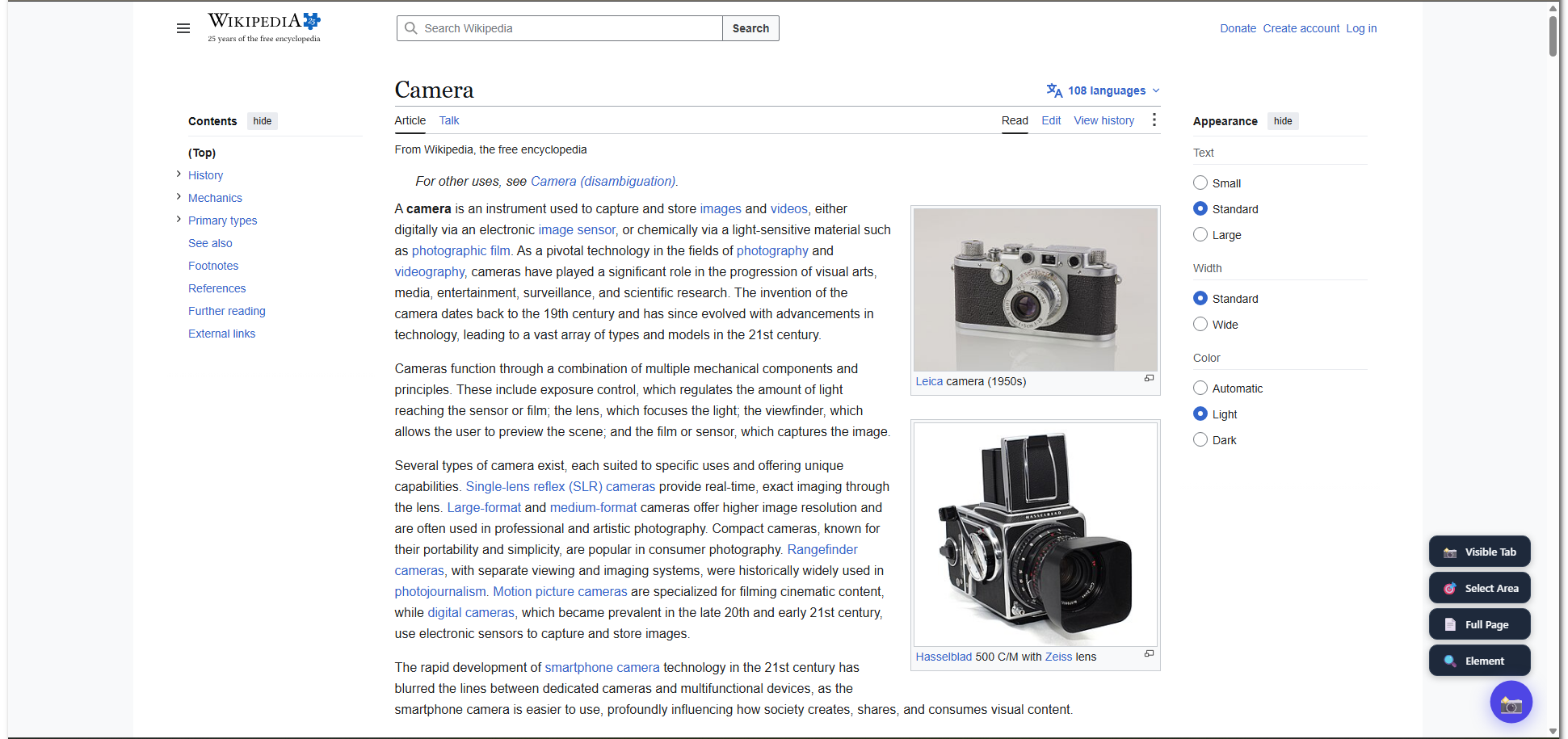 LibreShot's floating capture button open on a Wikipedia article, showing Visible Tab, Select Area, Full Page, and Element options