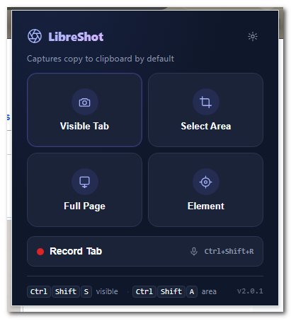 LibreShot toolbar popup with four capture cards and the Record Tab bar