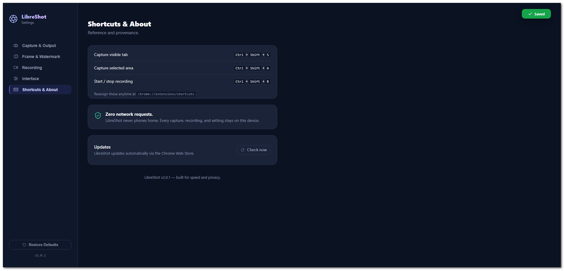 LibreShot Settings, Shortcuts and About panel, showing keyboard shortcuts, a zero network requests badge, and an update checker